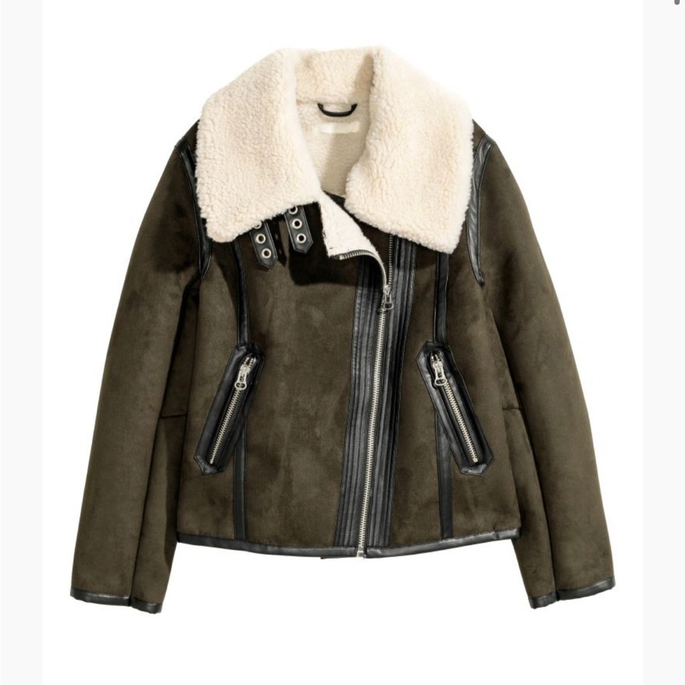 H&M khaki green shearling jacket